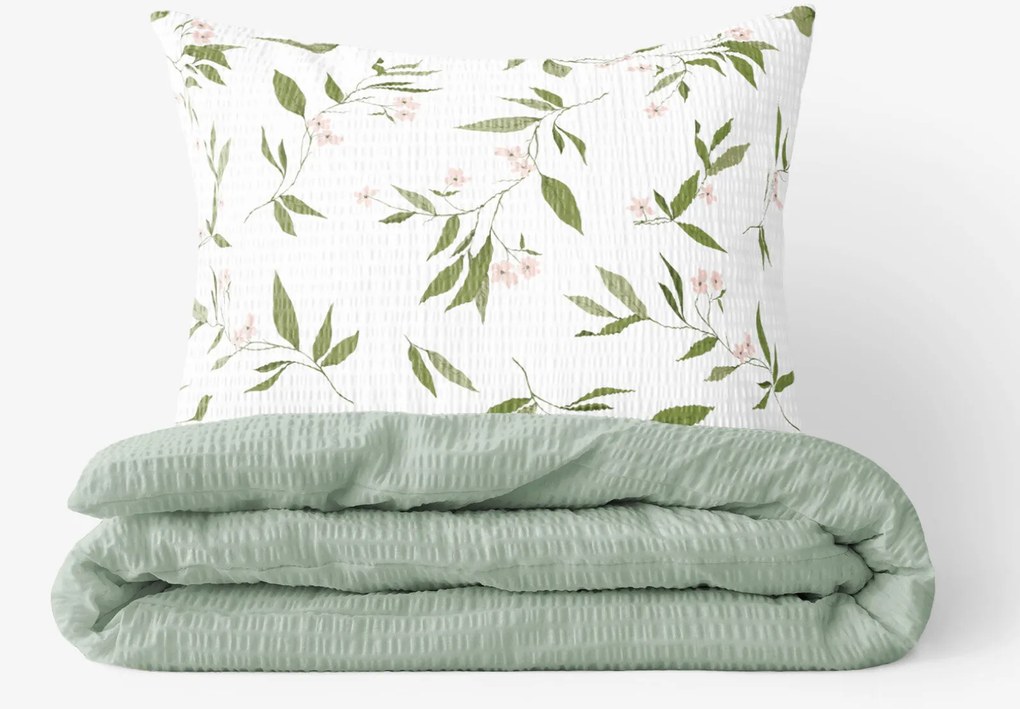 Goldea krepp ágyneműhuzat duo - jázmin virágmintás, zsálya színű hátoldal 140 x 200 és 70 x 90 cm