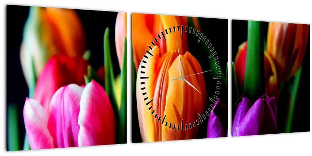 Tulipánok képe fekete alapon (órával) (90x30 cm)