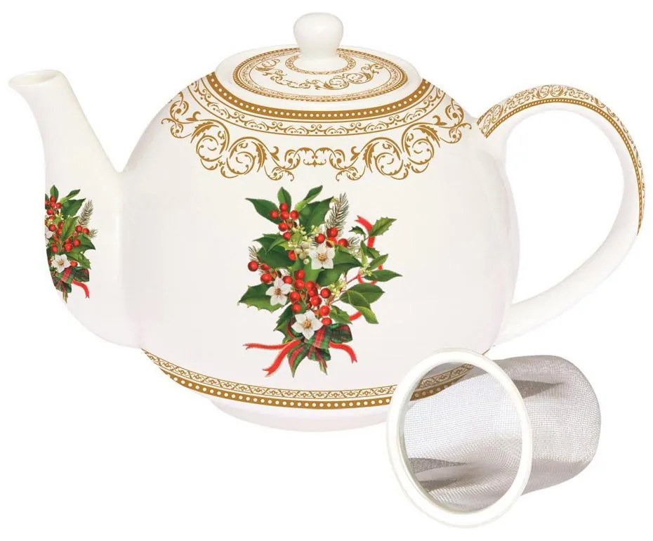 Porcelán teáskanna szűrővel - Christmas Holly