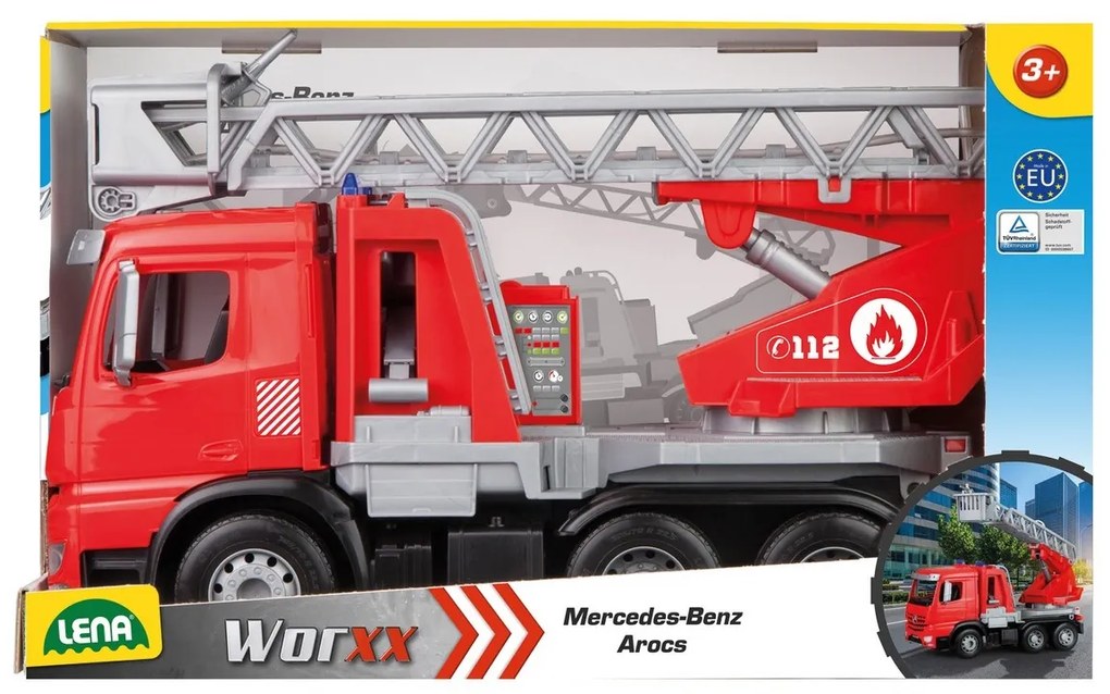 Lena tűzoltóautó működő locsolópermetezővel Mercedes Benz Arocs, 47 cm