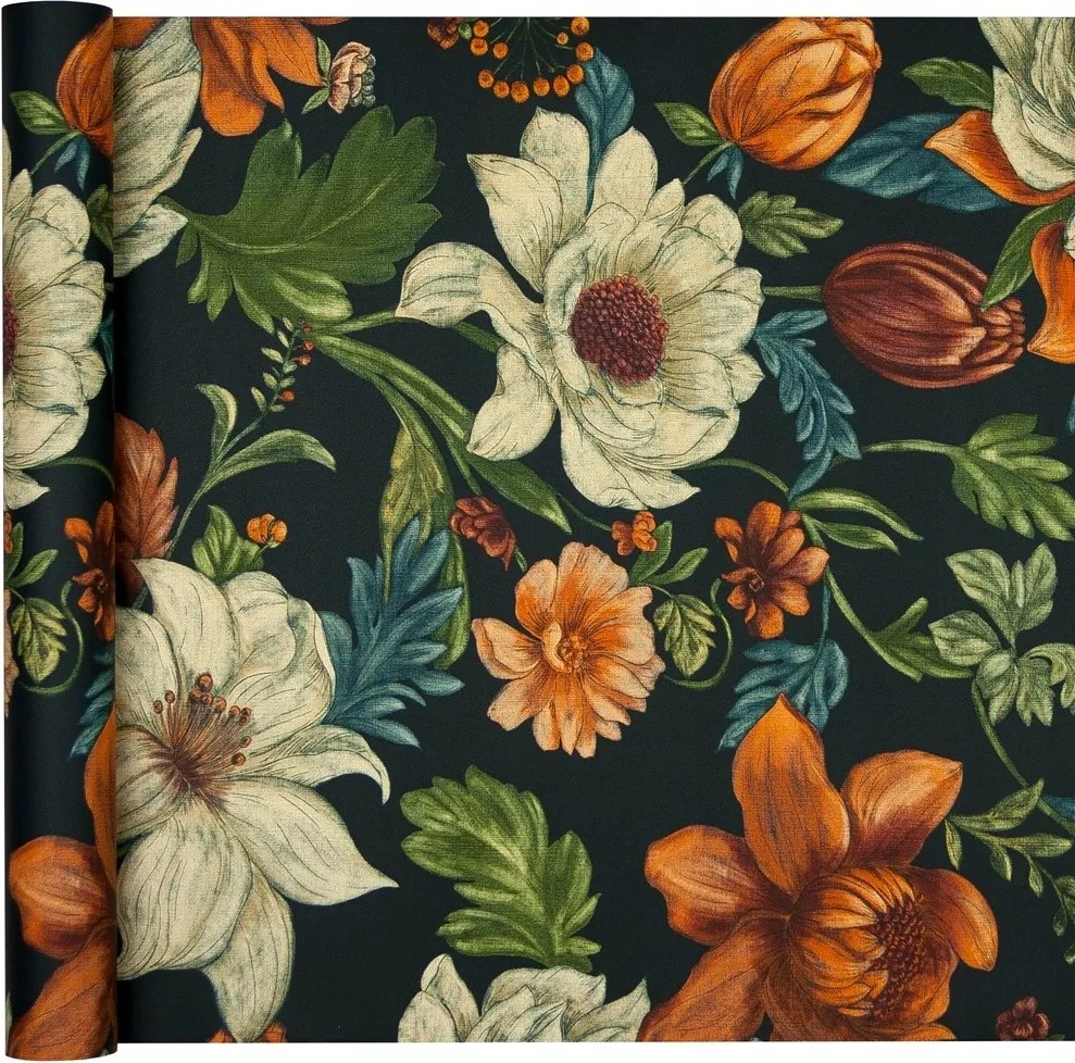 Sötét virágos tapéta Retro anemon fekete háttér Vinil flizelin