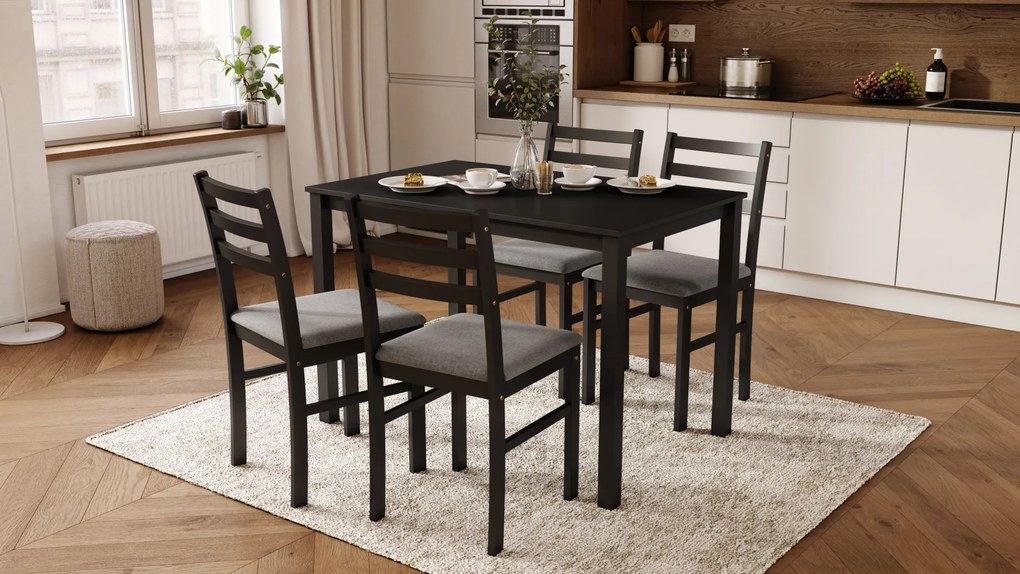 MAZZONI EXPORT TORINO étkezőgarnitúra asztal + 4 szék Fekete/Világosszürke (Savana 21 szövet) - FA ÉTKEZŐ GARNITÚRA KONYHÁBA/ÉTKEZŐBE