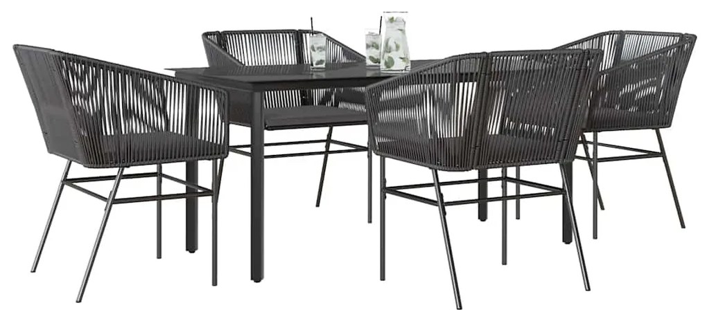 vidaXL 5 részes fekete polyrattan üveg kerti étkezőgarnitúra párnákkal