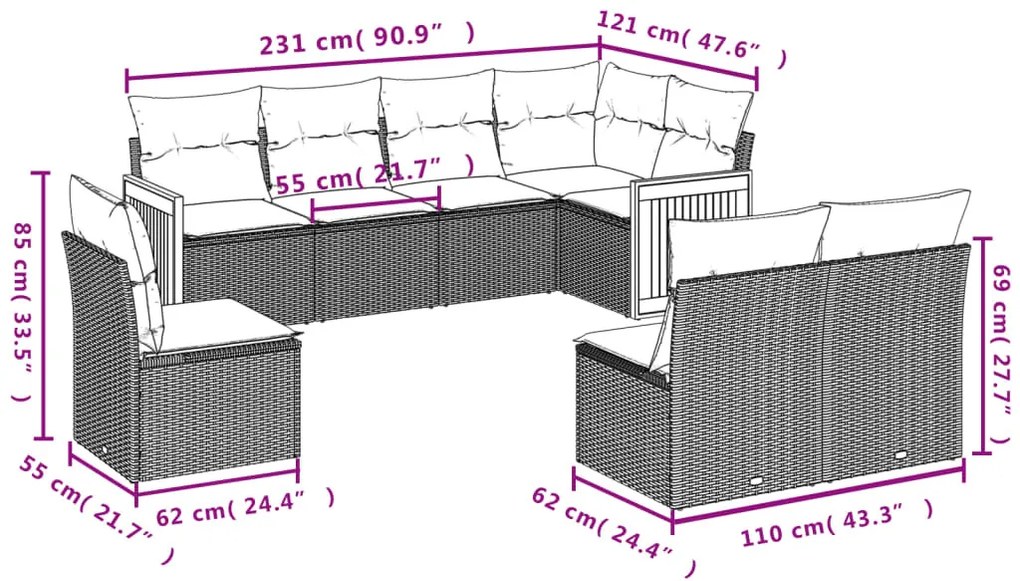 8 részes szürke polyrattan kerti ülőgarnitúra párnákkal