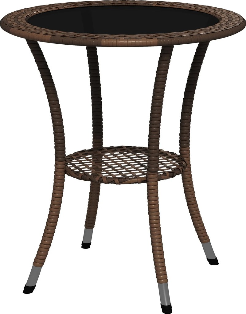 Outsunny Kerek Rattan Asztal Ø64x71 cm Kerti Asztal Polccal Acél Váz és Üveg Felület 50 kg Teraszon Pavilonban Barna | Aosom