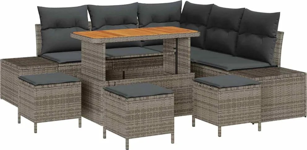 vidaXL Kerti Kanapé Szett párnával tárolóval 9 pcs Szürke Poli rattan