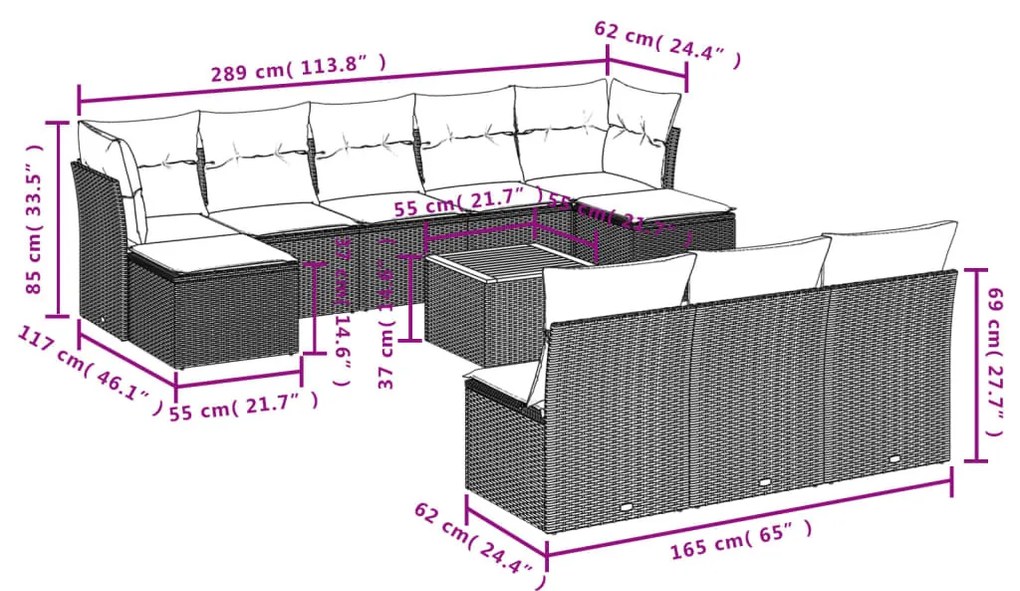 11 részes szürke polyrattan kerti ülőgarnitúra párnákkal