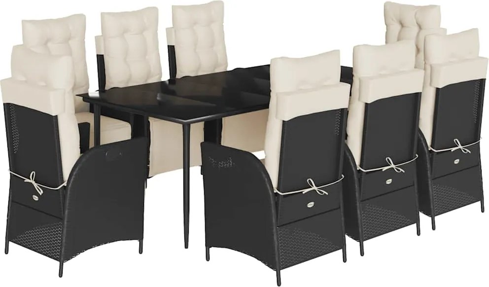 vidaXL 9 részes fekete polyrattan kerti étkezőgarnitúra párnákkal