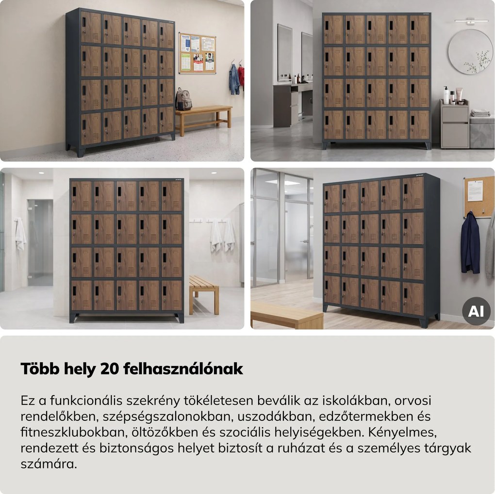 20 rekeszes, lábakon álló szociális szekrény, antracit/dió, 1360x1720x450 mm: ROBERT Eco Design