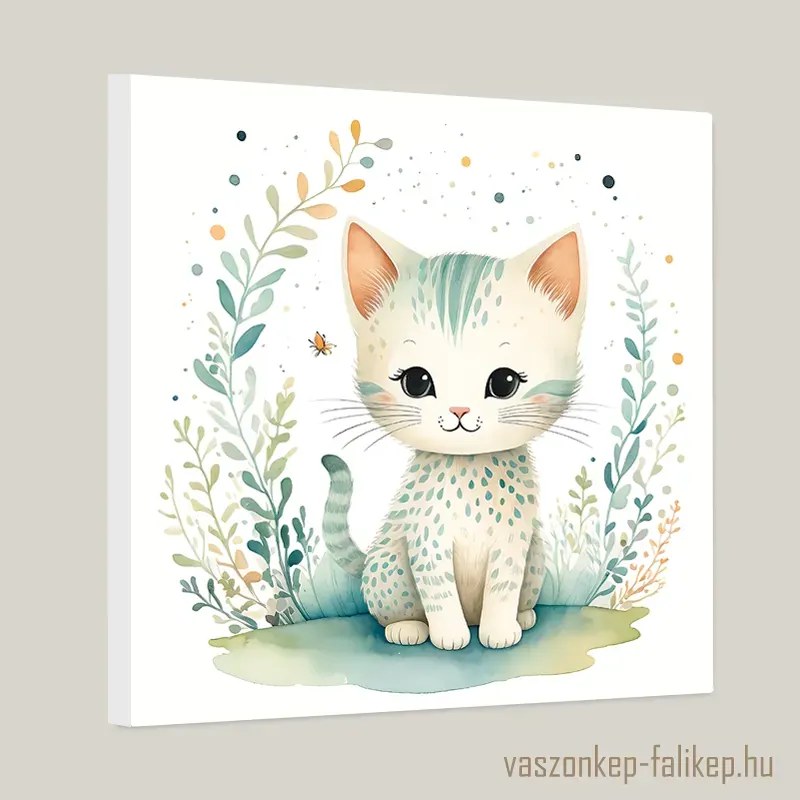 Aranyos kiscica akvarell illusztráció – kedves falikép gyerekszobába 40x40cm