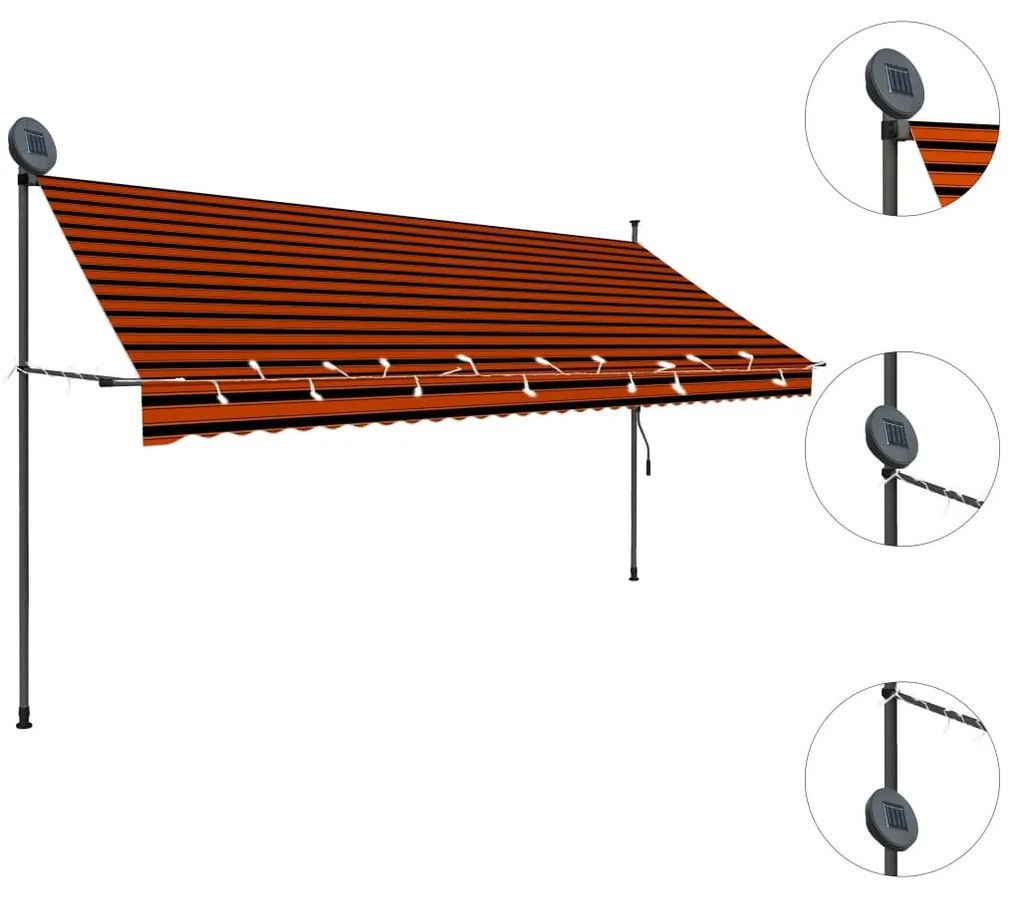 Narancssárga-barna kézzel feltekerhető LED-es napellenző 350 cm