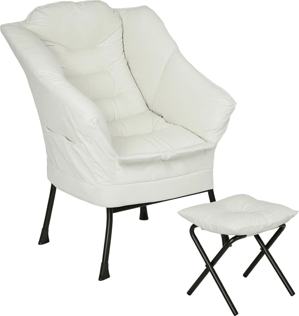 HOMCOM Krémszínű Hálószobai Relaxáló Karosszék Ottománnal és Oldalsó Zsebekkel | Aosom