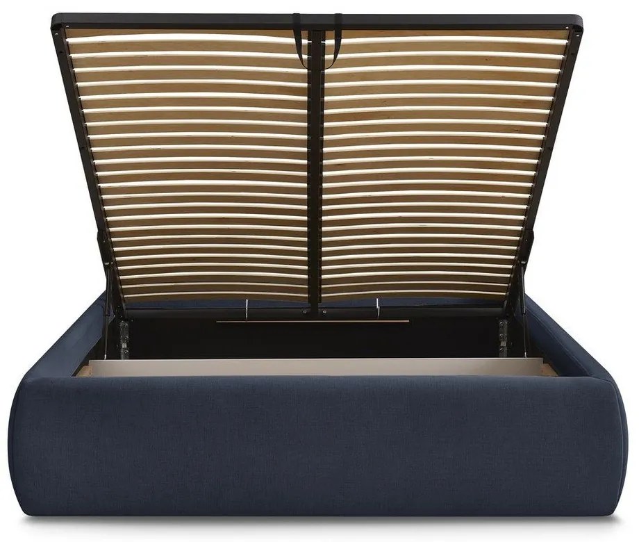 Sötétkék kárpitozott ágyneműtartós franciaágy ágyráccsal, ágytámla nélkül 160x200 cm Inera – Bobochic Paris