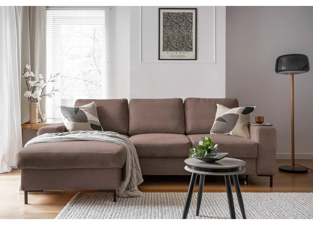 Barna kordbársony kinyitható sarokkanapé (bal oldali) Lofty Lilly – Miuform