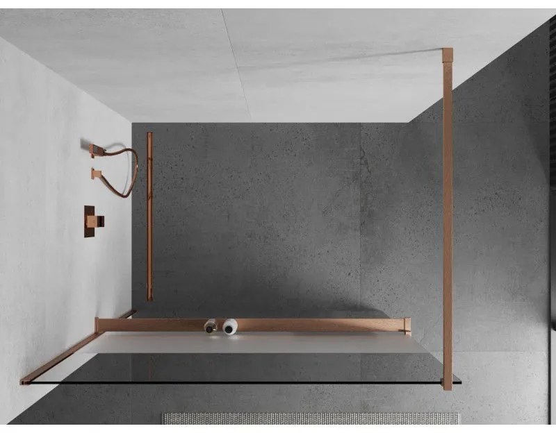 Mexen Kioto+, Walk-In zuhany paraván polccal és akasztóval 90 x 200 cm, 8 mm átlátszó matt üveg, réz matt profil, 800-090-121-65-35