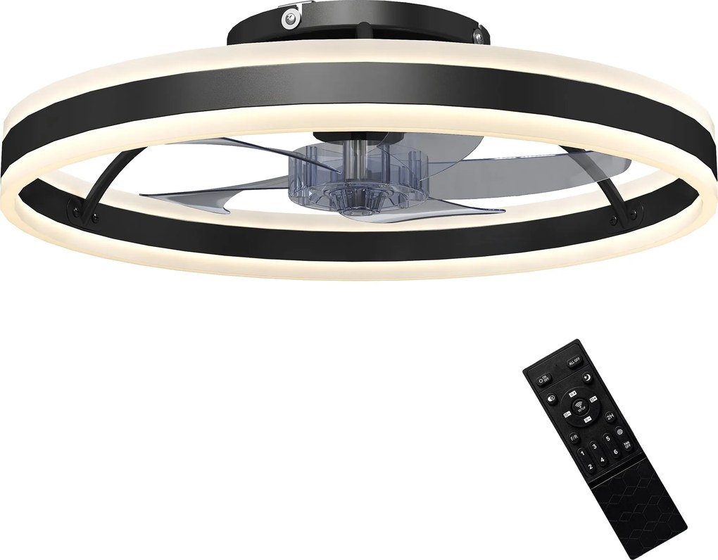 HOMCOM 45 W-os LED mennyezeti ventilátor lámpával, fordítható DC motorral, csendes, távirányítós, 6 sebesség, 3 színhőmérséklet, időzítő, Ø50 cm, feke