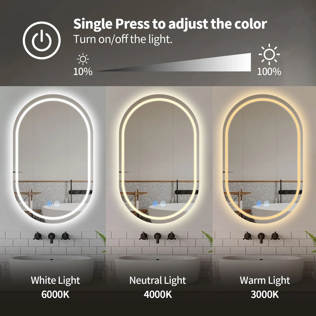 Erga Lyra, ovális LED tükör 60x100cm, 3 színű fény, első és hátsó világítás, páramentes fűtőbetét, ERG-V01-Lyra-6010-CL