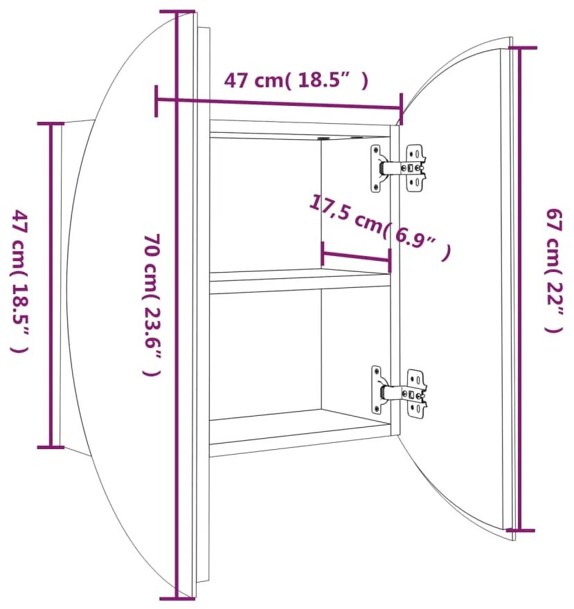 tölgy fürdőszobai szekrény kerek tükörrel/LED-del 47x47x17,5 cm