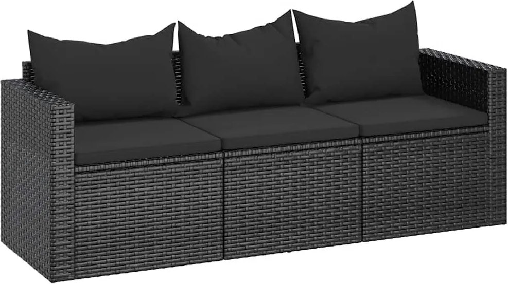 vidaXL fekete 3 személyes polyrattan kerti kanapé párnákkal