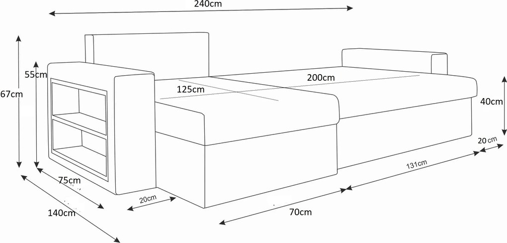 Kihúzható, kétoldalas L alakú kanapé NORIX 240x140 cm, szürke/fehér polccal + 2 díszpárna ingyen