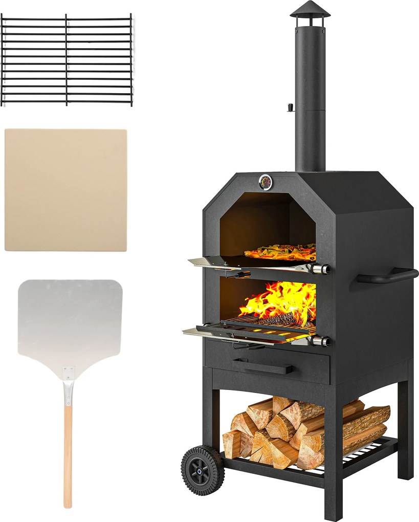 Outsunny 2 az 1-ben Pizzasütő Kültéri Kerekekkel, Grill Sütő Letakaróval, Pizzakapa, 2 Grill Rács, Grill Kocsi Kéménnyel, 3-szintes Fa Tüzelésű Sütő B