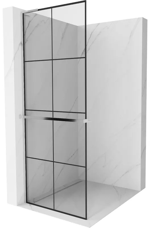 Mexen Kioto+ L, Walk-In zuhanyparaván polccal és akasztóval 80 x 200 cm, 8 mm átlátszó üveg fekete mintás, króm profil, 800-080-123-01-77