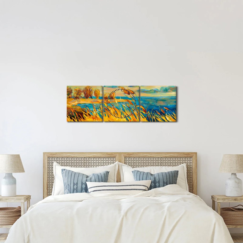 Kép - naplemente a tó felett, akril festmény (órával) (90x30 cm)