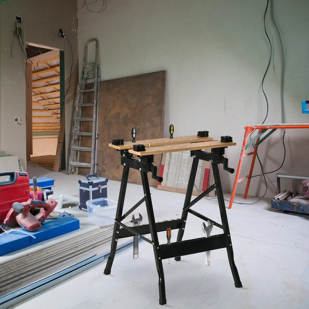 HOMCOM Összecsukható Mobil Munkapad Állítható Bambusz és Acél Lemezekkel 150 kg Kapacitással 63.5x60.5x78 cm Természetes Fa és Fekete | Aosom