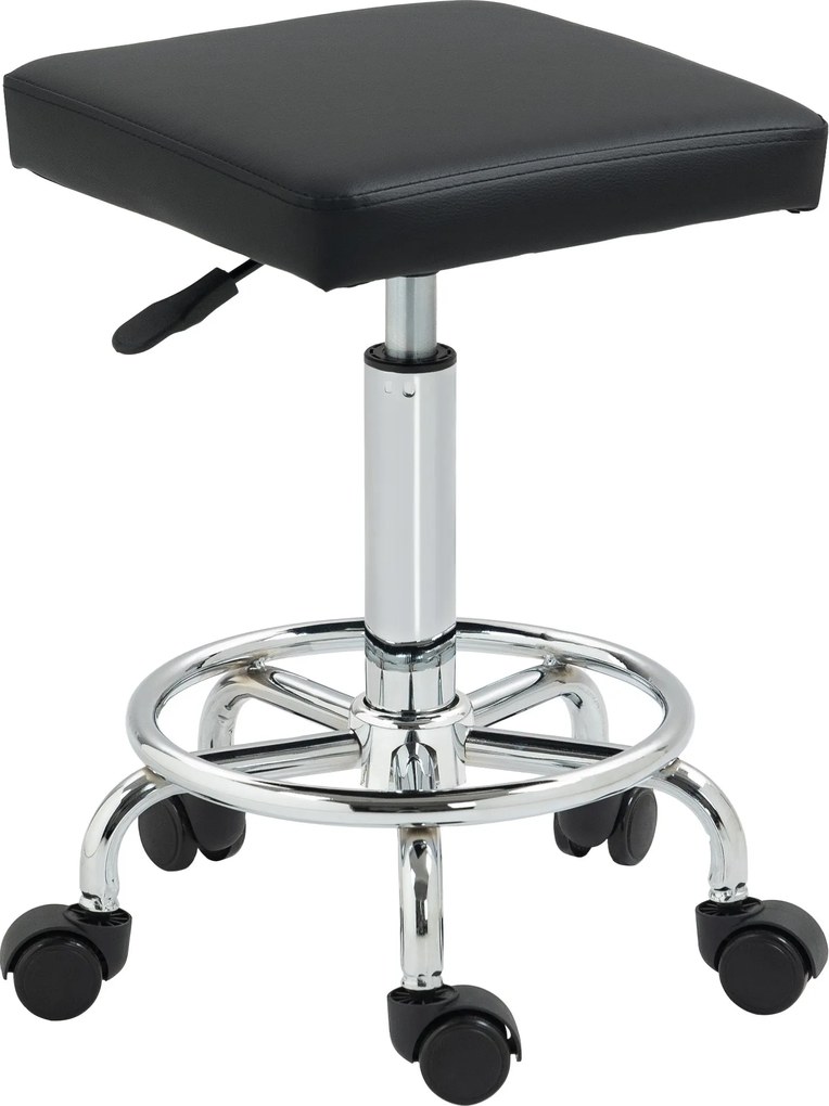 HOMCOM Forgó Bárszék Kerekekkel, Magasságállítás 50-66 cm, Párnázott Műbőr Ülés, Lábpihentető, Fekete | Aosom