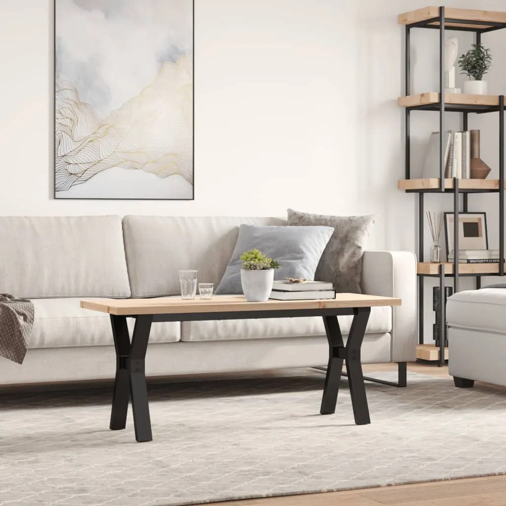 tömör fenyőfa és öntöttvas Y-vázú dohányzóasztal 110x40x45,5 cm