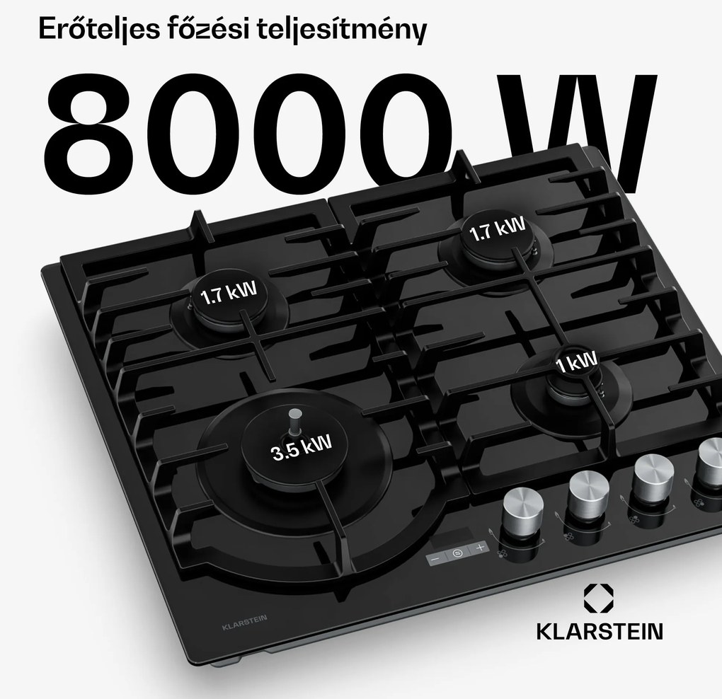 Klarstein Ignito gázfőzőlap, 8 kW, öntöttvas tartókkal, időzítő, hőmérsékletszabályozás
