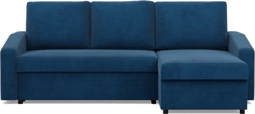 Zeus sarokkanapé, 1 ágyneműtartóval, döntött kartámasz, kordbársony, univerzális oldal, hab töltet, kék