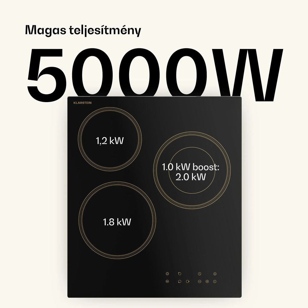 Klarstein Victoria üvegkerámia főzőlap, 3 zóna, Elegáns, időtálló, 5000 W, 45 cm