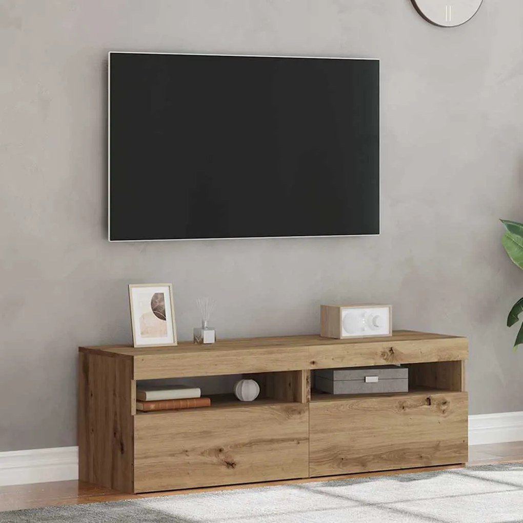 2 db kézműves tölgy színű szerelt fa TV-szekrény LED-lámpákkal