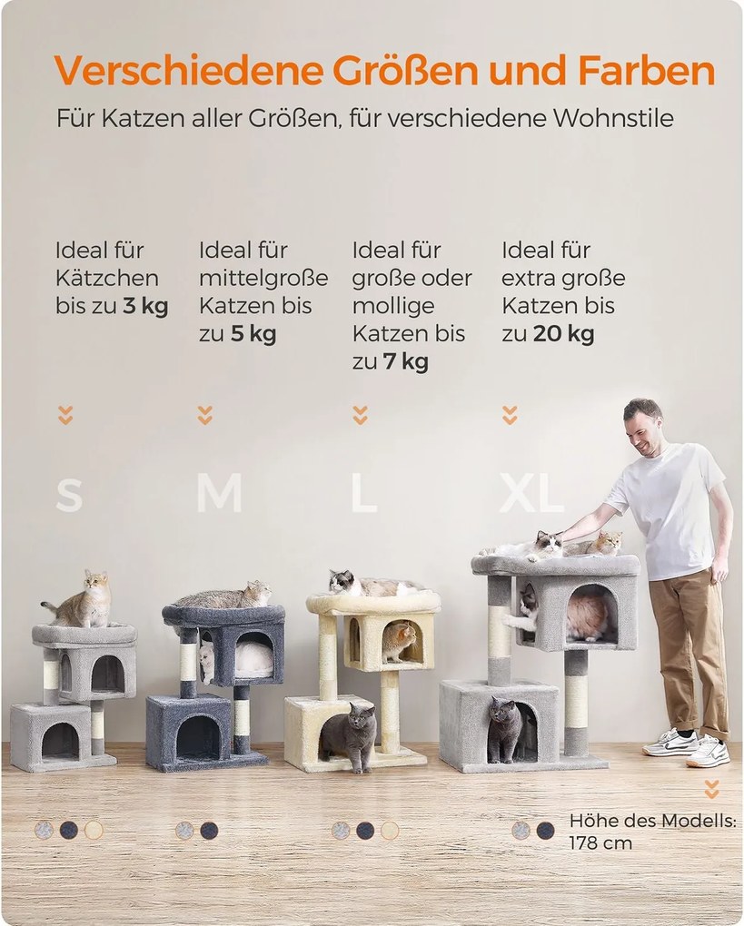 Feandrea XL macskavár (101 cm), 2 barlanggal és kilátóval, 20 kg-ig, világosszürke