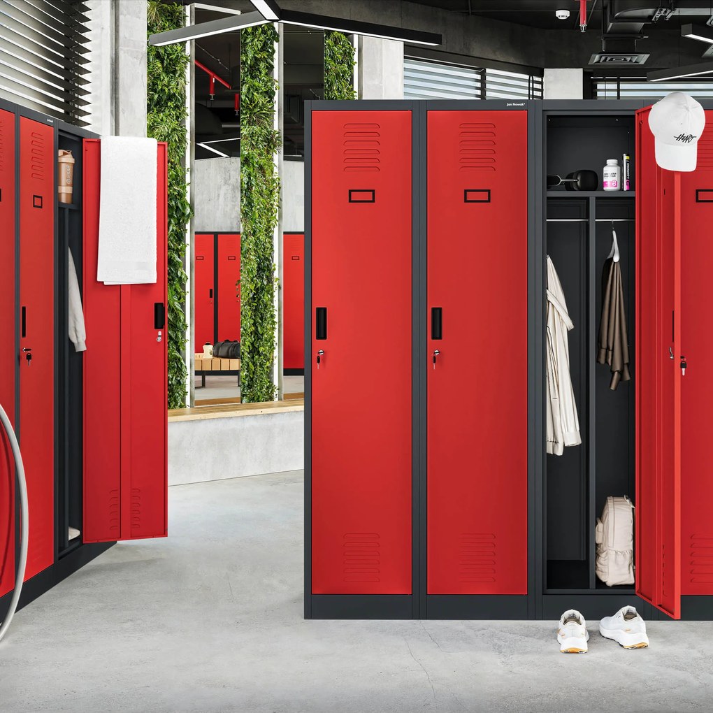 Pléh öltözőszekrény talpazaton, kétmodulos, polccal és köztes fallal KACPER, 800 x 1800 x 500 mm, antracit-piros