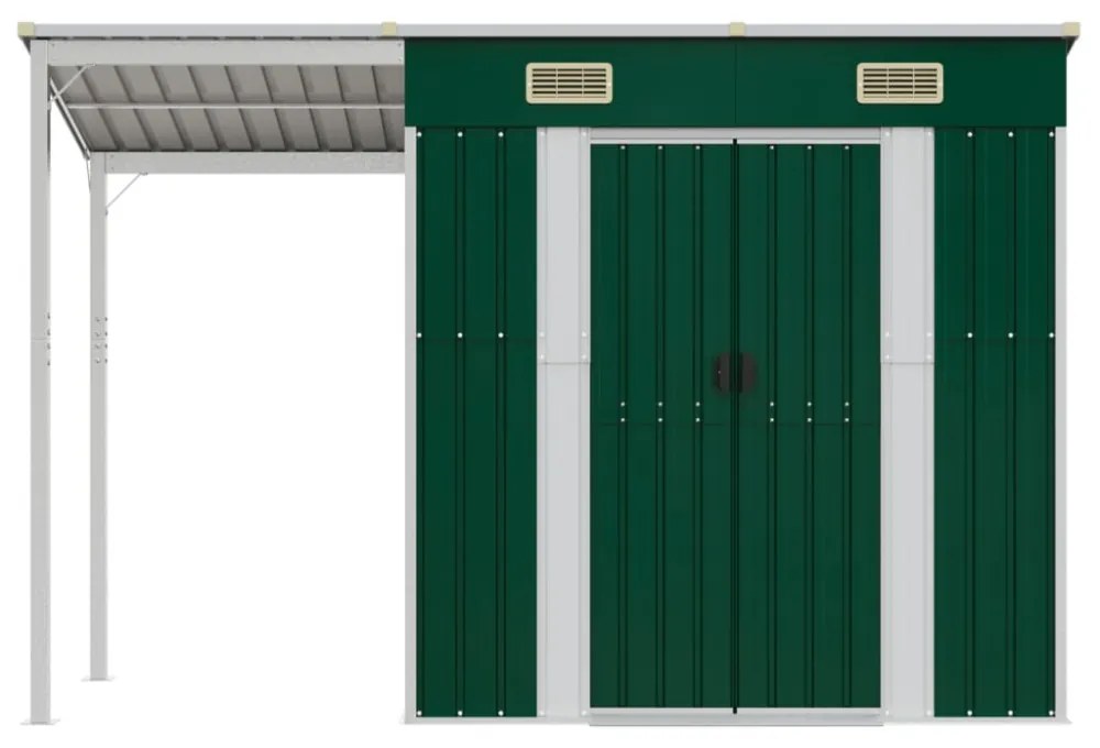 zöld kerti fészer meghosszabbított tetővel 277 x 110,5 x 181 cm