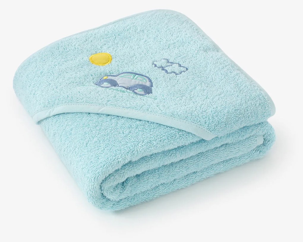 Goldea gyermek frottír fördőlepedő csuklyás - kék autócska 100 x 100 cm