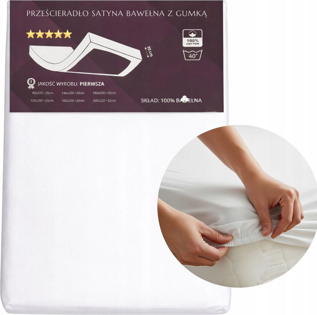 Gumis lepedő Szatén-Pamut 200x220 25cm Fehér Puha Kellemes