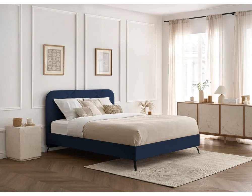 Sötétkék kárpitozott franciaágy ágyráccsal 180x200 cm Prune – Bobochic Paris