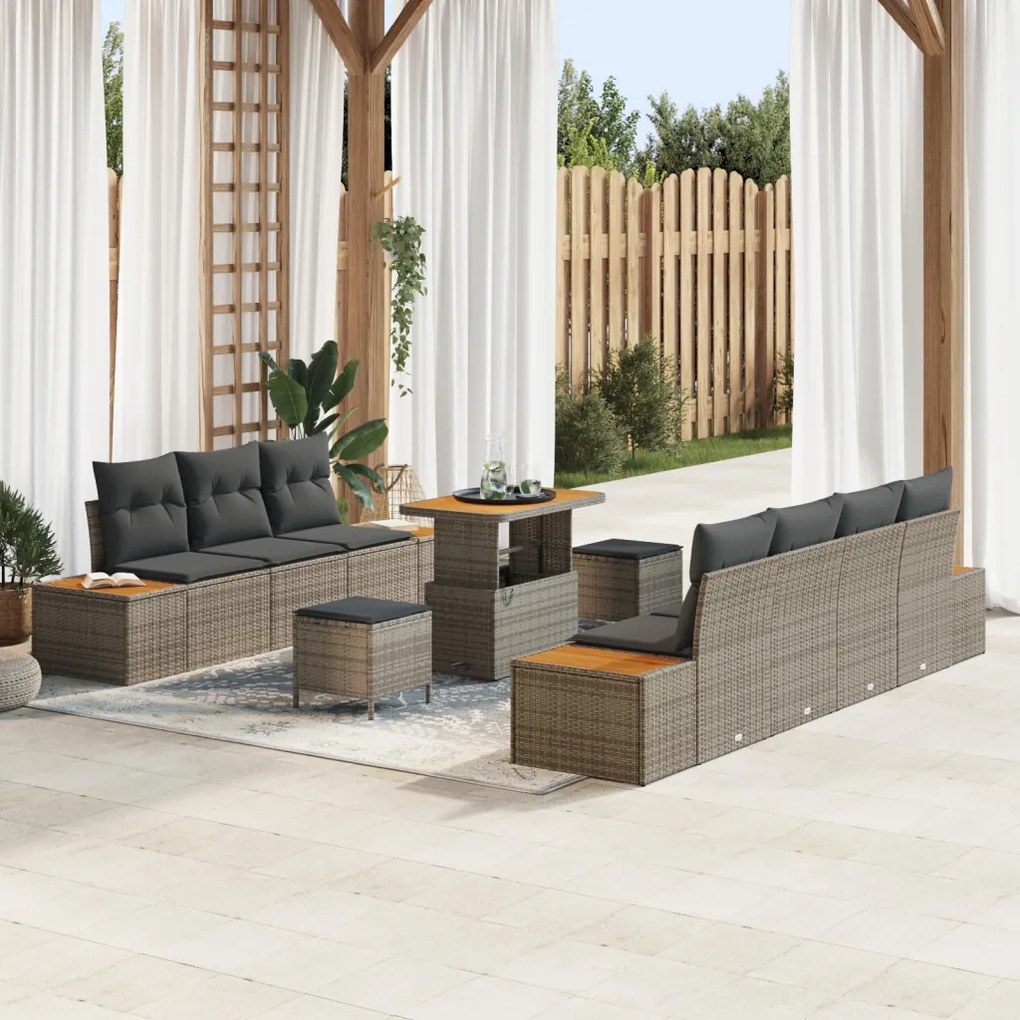 10 darabos kerti kanapé szett párnákkal Szürke Poly Rattan Akác, 3 darabos kerti étkező szett párnákkal Szürke Poly Rattan Akác