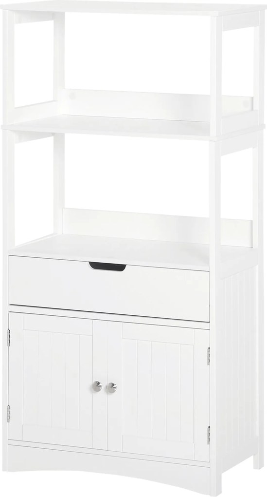 Kleankin Fürdőszobaszekrény 3 Polccal, Fiókkal és 2 Ajtóval – Modern Padlószekrény Konyhába, Hálószobába és Nappaliba 60x33x122.5 cm Fehér | Aosom