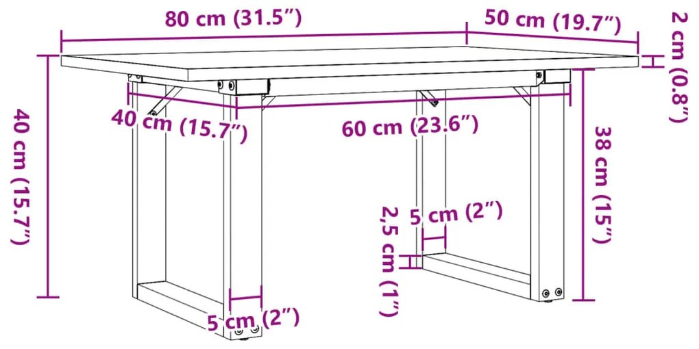 tömör fenyőfa és acél dohányzóasztal O-vázzal 80x50x40 cm