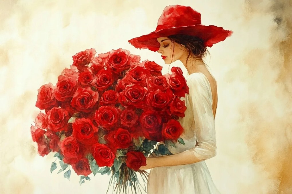Canvas Vászonkép Nő Piros Kalapban Rózsákkal 120x80