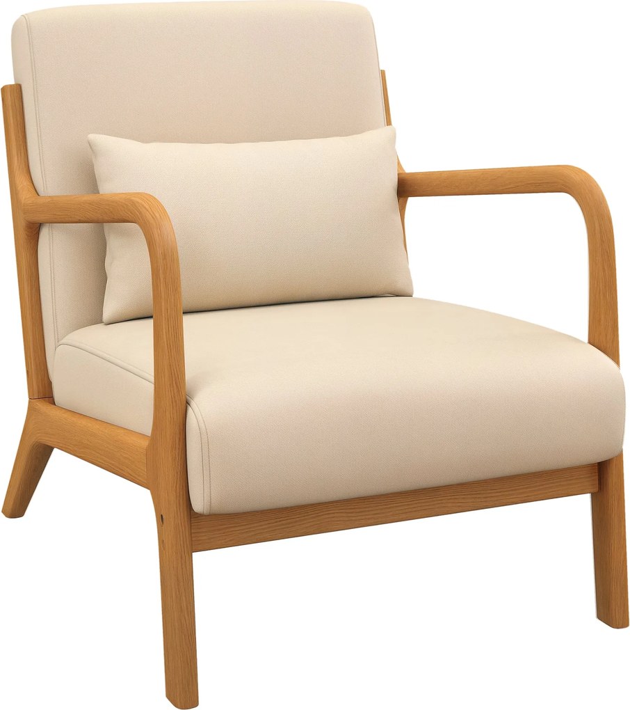 HOMCOM Lounge Fotel Nordic Stílusú Karfás Fotel Pihenőszobába, Párnázott és Gumifa Váz 120 kg Teherbírás 61x78x76 cm Bézs | Aosom