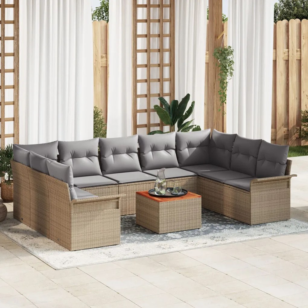 10 Részes Kert Sofa Szett Párnákkal Bézs Poli Rattan Akác