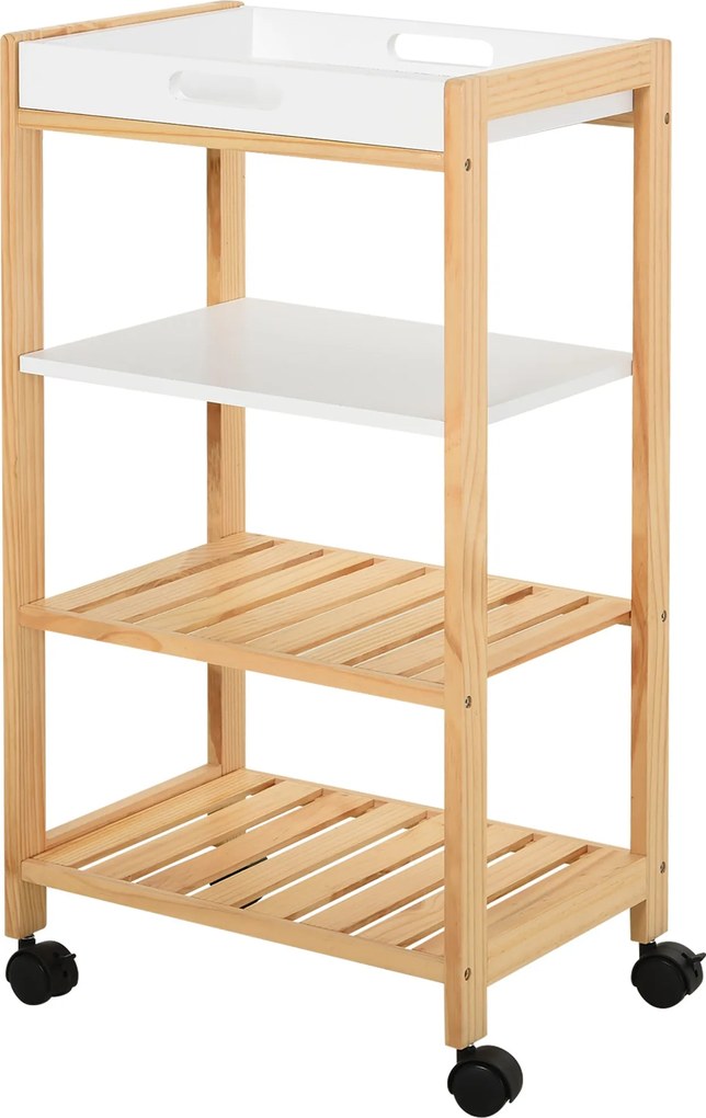 HOMCOM Konyhai Kocsi Háztartási Szolgáltató Kocsi 4 Szinttel, Kivehető Tálcával, Univerzális Kerekekkel 40x30x76 cm Fehér Fa | Aosom