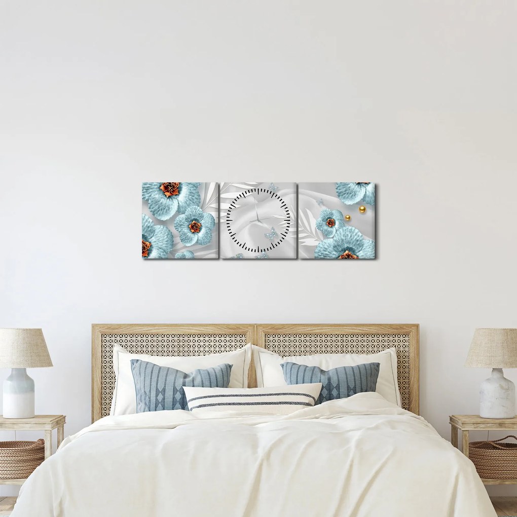 Kép - 3D kék virágok (órával) (90x30 cm)