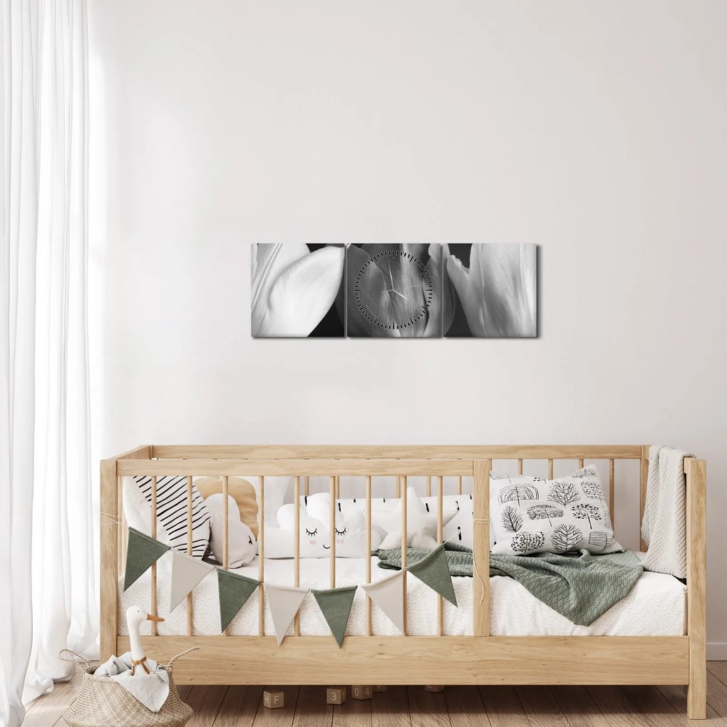 Kép - fekete-fehér tulipán virág (órával) (90x30 cm)