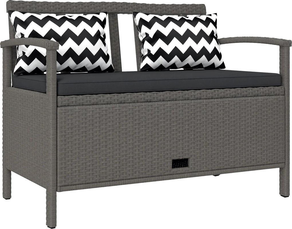 Outsunny Kerti 2 Személyes Pad, 160L PE Rattan Tároló Pad, Párnával, 2 Párnával, Acél Váz, 112 cm, Szürke | Aosom